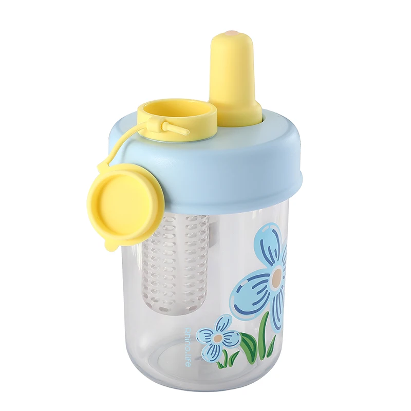 Customized Color 300ml Plastic Cup Tea Cup Milk Mug 2-In-1 Lid with Straw and Tea Strainer for All People to Drink Easily