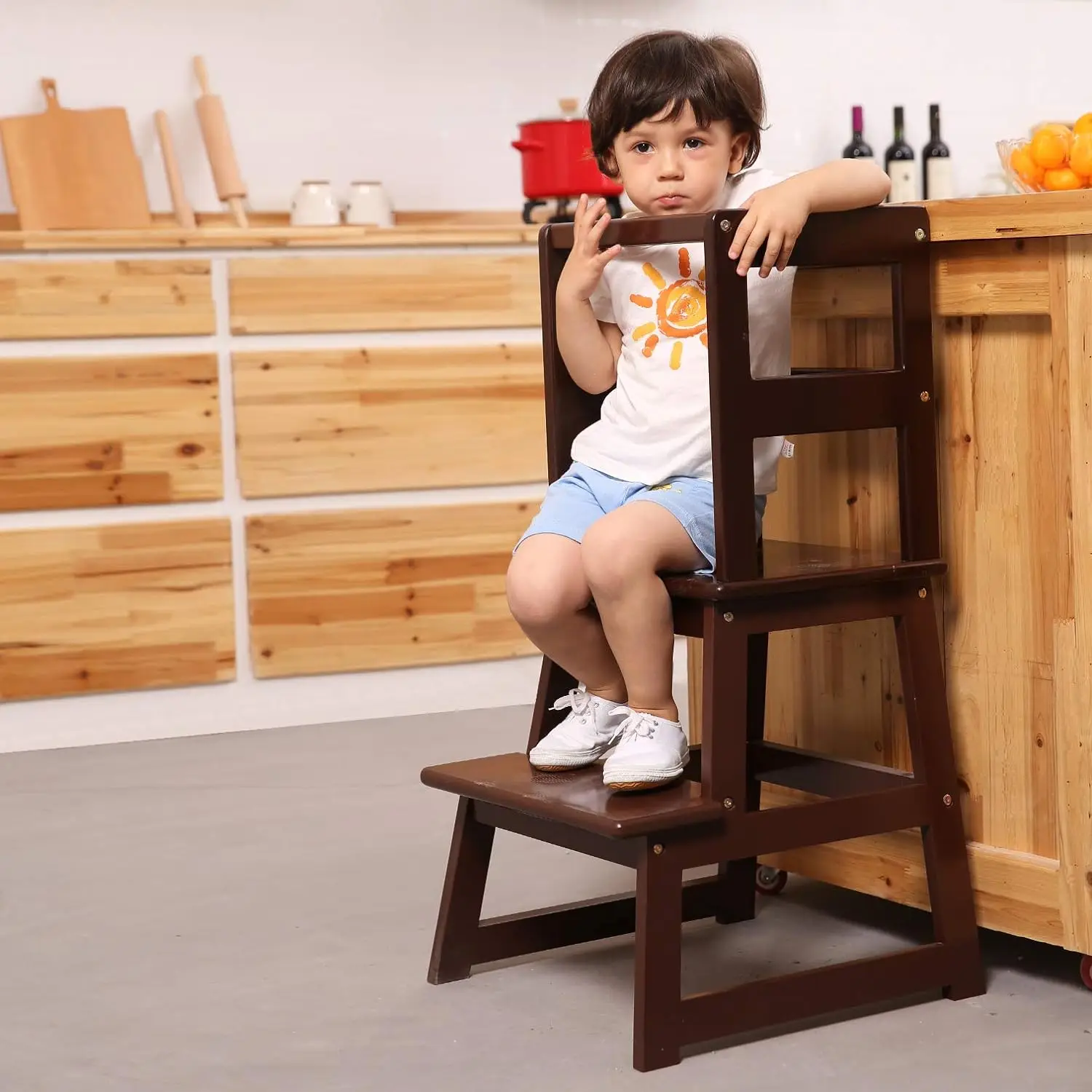 product modern bamboo wood toddler step stool adjustable height ottoman for kitchen use for kids at home-4