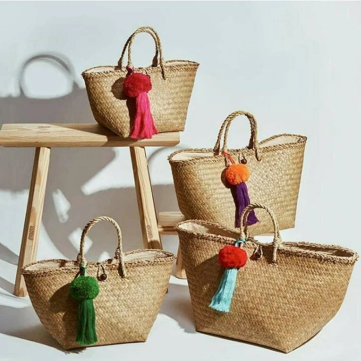 Plain Pom Pom Straw Bag Wholesale Summer Wicker Beach Tote Customized Bride Straw Beach Bags with Tassel