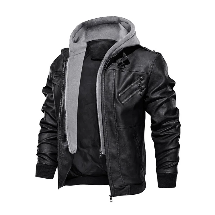 Men's Removable Hooded Motorcycle Faux Leather Jackets PU Leather Outer Riding Coats Windbreaker
