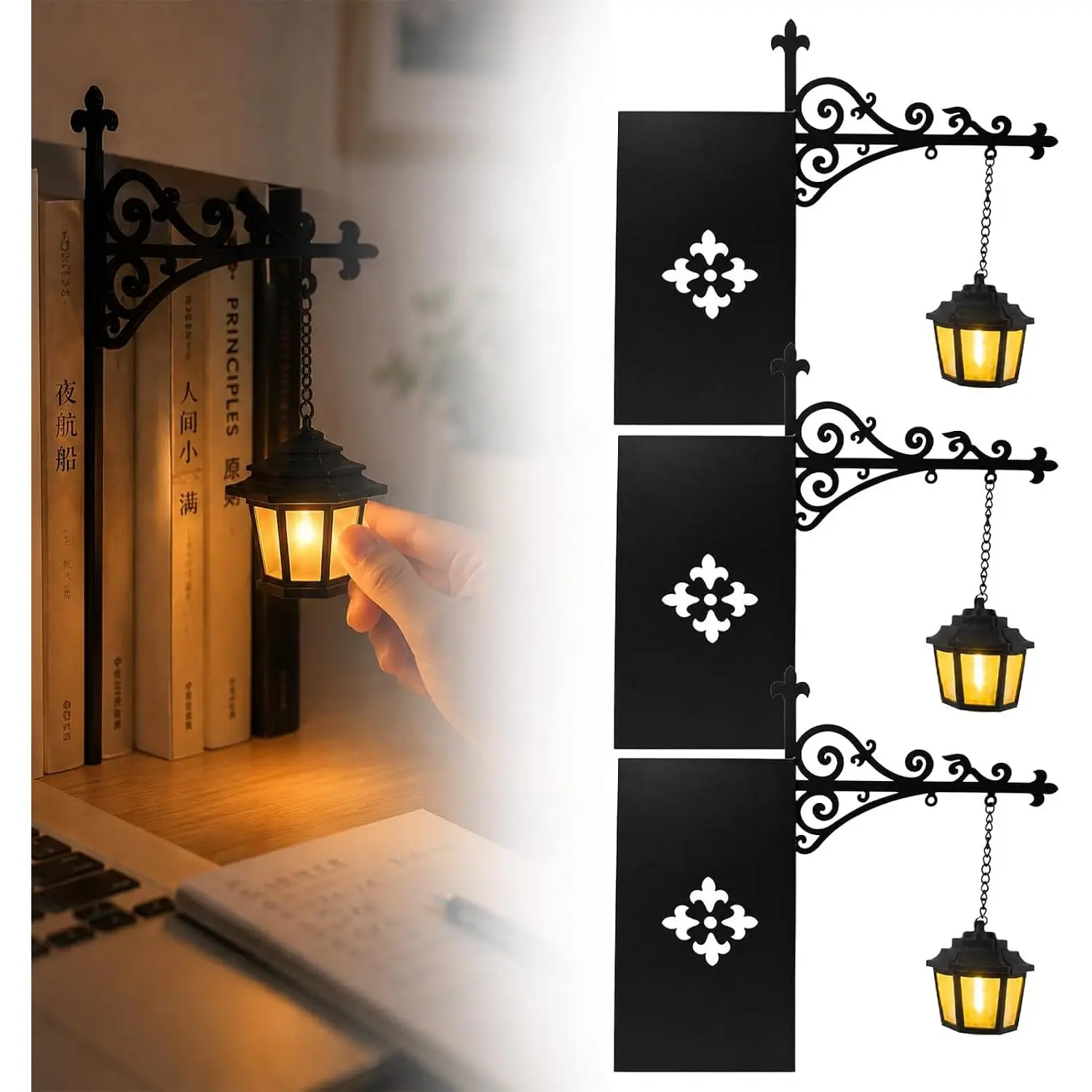 Library Lantern Mini Bookshelf Lamp 3Pcs Black Plastic LED Indoor Hanging Decorative Wall Bookcase Insert Light Push Button