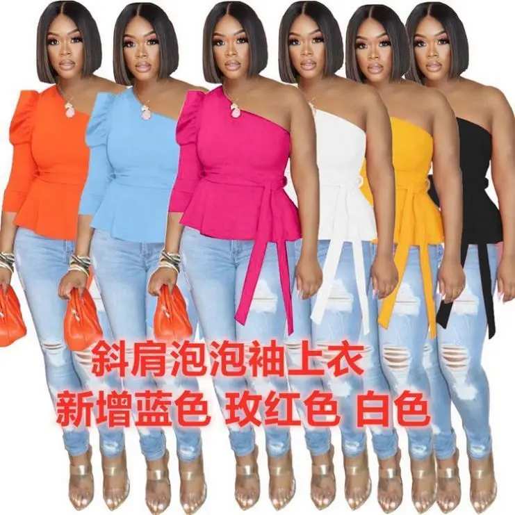 2022 Summer Ruffle Shirts Blouses Ladies Elegant Tops Wholesale One Shoulder Cute Tops Plus Size Women's Blouses Shirts