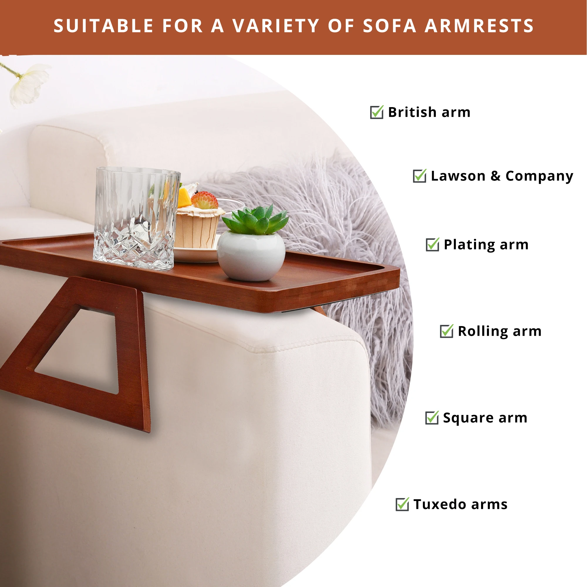 Wholesale Bamboo Sofa Arm Tray Table,  Foldable Clip-on Armrest, Wooden Snack Caddy Couch Organizer for Eating/Drinks/Snacks