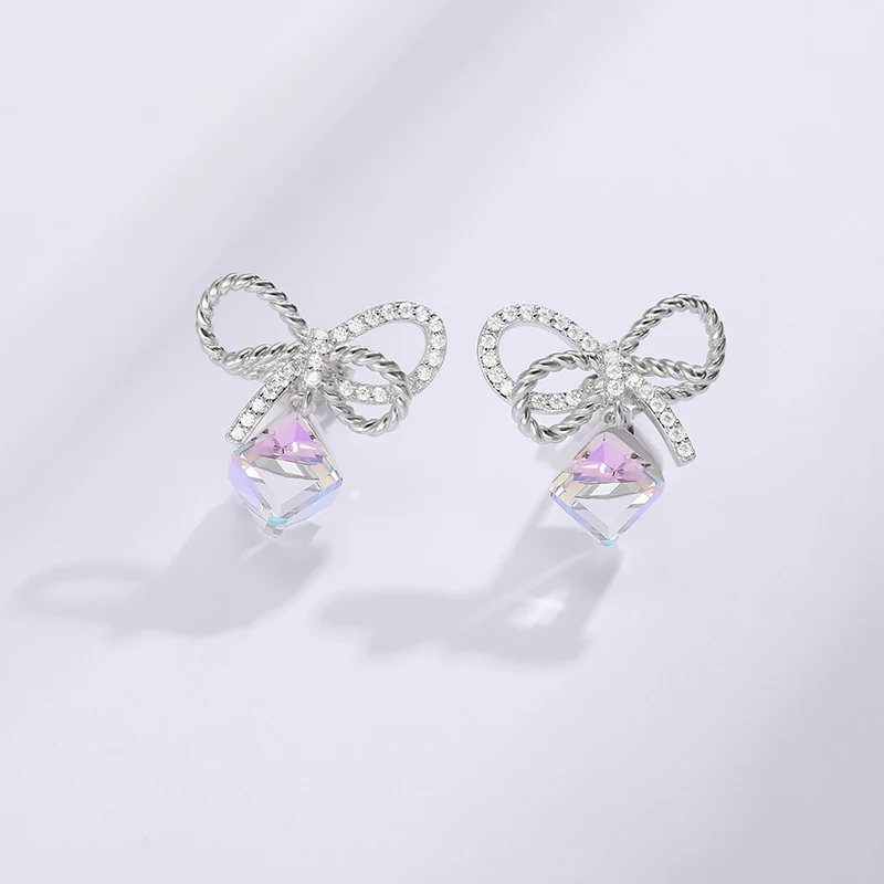 925 Silver Bowknot Lady Bow Tie Stud Earrings With Crystal Stone