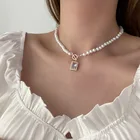 Pearl Necklace Pearl Square CZ Rhinestone Crystals Pendant Charms Fashion Choker Pearl Necklace For Women