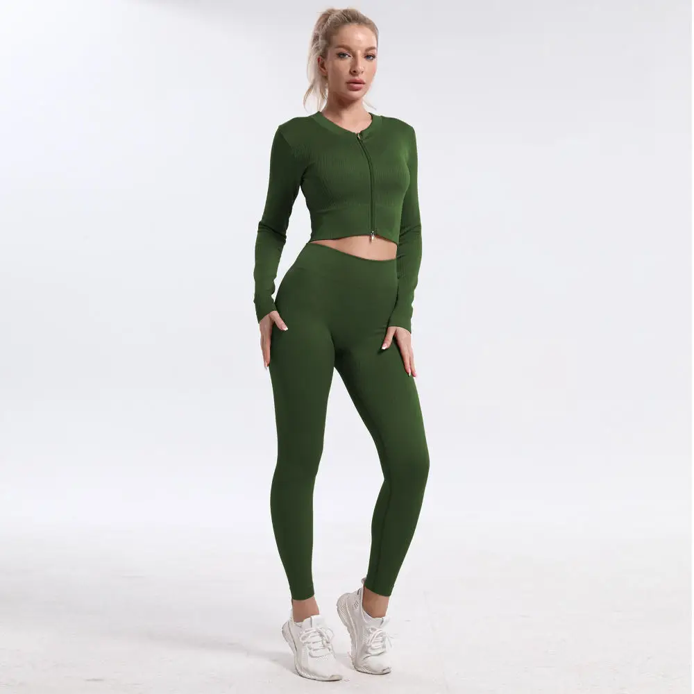 Quick Dry Yoga Clothes Seamless Double Zipper Fitness Clothes Sports Suit Running Breathable Slim Long Sleeves