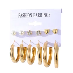 New Fashion Heart Pearl Gold Plated Big Hoop Earrings Set For Women Jewelry
