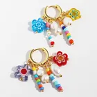 Jewelry Retro Vintage Brass 18K Gold Plated Freshwater Pearl Beads Flower Huggie Earrings For Women Jewelry