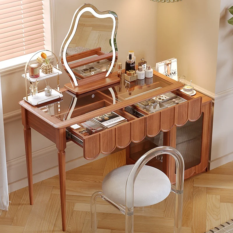 Household Solid Wood Make Up Dresser Table Side Cabinet Smart Touch Screen LED Mirror Telescopic Makeup Table