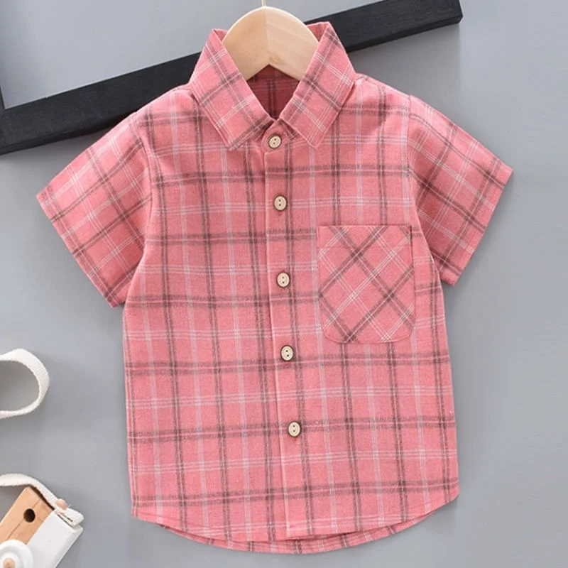AMEBELLE Toddler Boy Girl Unisex Plaid Lapel Button Up Cotton T-Shirt Tees
