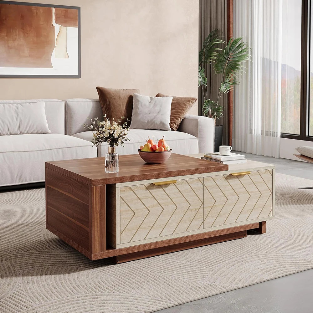 Adjustable Length Reversible Wood 42"-65" Extendable Coffee Table 2 Storage Drawers Dual-Tone Large Long Rectangular Table details