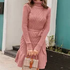 Autumn High Quality Autumn Knit Turtleneck Belted Ruffle Hem Sweater Dress Womens Casual Dresses