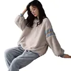 Suit Pajama Women OEM Custom Round Neck Stitching Thicken Flannel Home Suit Warm 2 Piece Winter Pajama Women