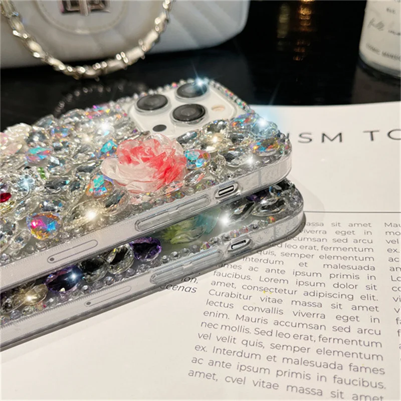 Luxury Design Glitter Diamond Case Flowers Rhinestone Phone Case For iPhone 15 14 13 Pro Max Samsung S24 S23 S22 A54 With Chain
