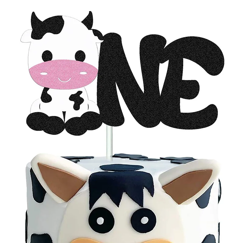 Farm Animal Cow One Cake Topper Baby's First Birthday Party Scene Decorated Cake Insert