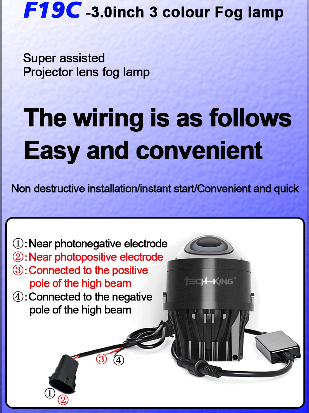 TECH-KING Car 3 inch universal Double beam 12V 3 color led fog/driving lights Retrofit and upgrade lamps led projector for car