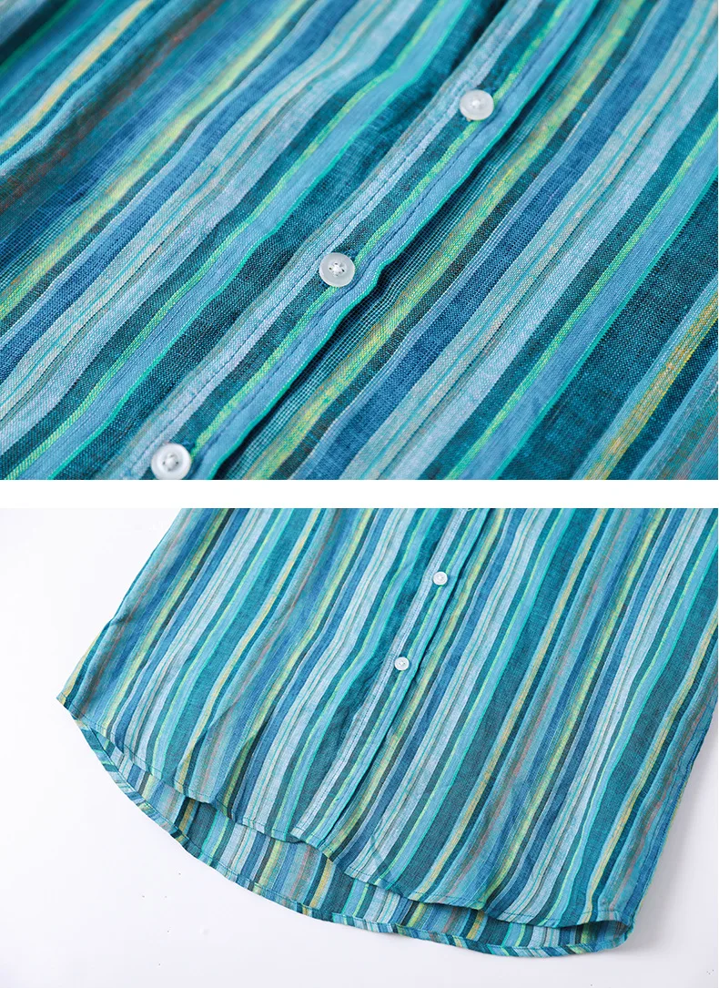 Refreshing Japanese Striped Long-Sleeved Shirt Linen Men