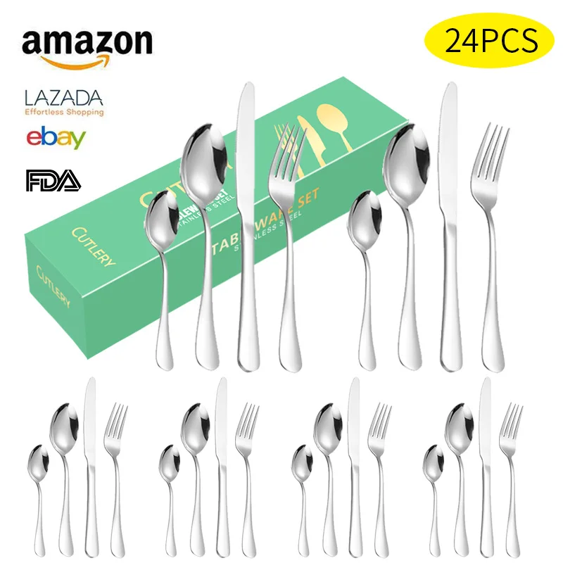 Kitchen Utensil Set Party Metal Fork Knife And Spoon Cutlery Set with Box 24pcs Stainless Steel Flatware Set