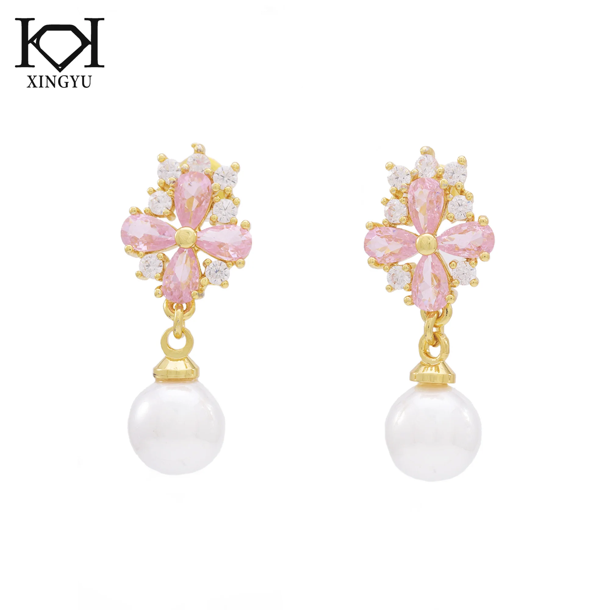 Fashion Jewelry Pink Zircon Flower Earrings Girly Pearl Drop Earrings