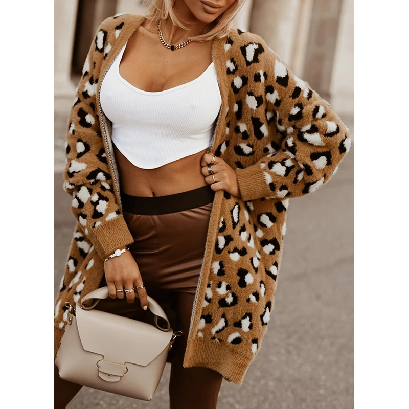 Dear-Lover Oem Odm Wholesale Long Sweater Cardigan Women Winter Leopard Print Fur Cardigan Sweater