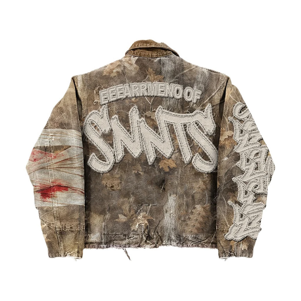 Manufacturer Custom Embroidery Patch logo Distressed Camouflage Camo Denim Canvas Jacket and Cargo Pants for Men supplier