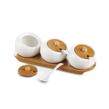 CLASSIC Jade White Ceramic Kitchenware Porcelain Jar with Wood Lid Lead-Free Spice Storage Accessory for Food Use