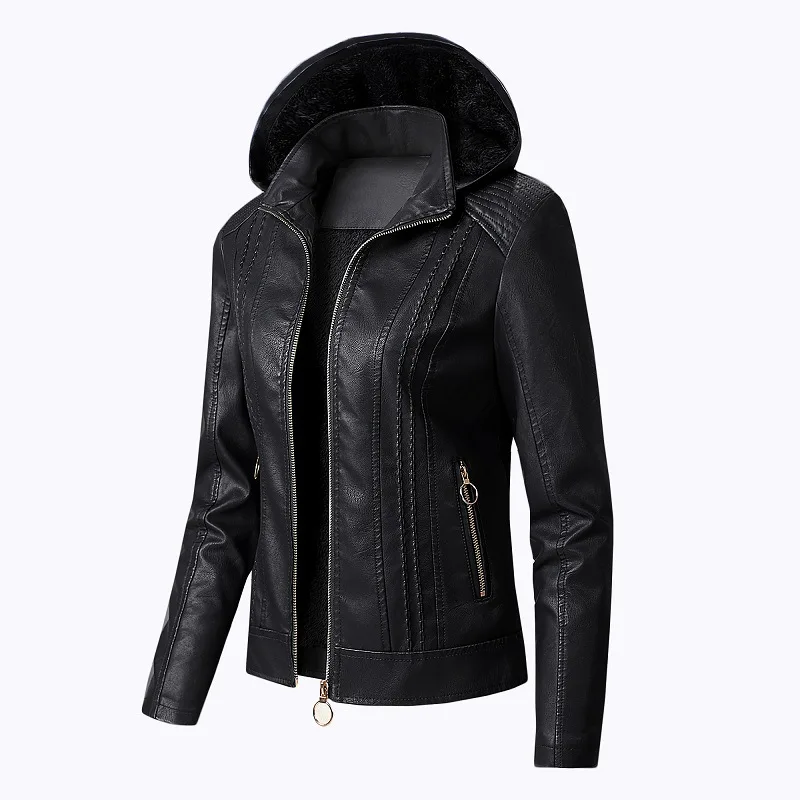 2021 New Arrival Women Soft Washed Faux Pu Leather Motorcycle Jacket Winter Coat Women Zip Fleece Jacket With Detachable Hood