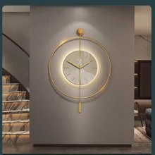 Modern Oversize Pendulum Wall Clock with LED Light round Metal Iron Art Simple Creativity Quartz Motive Living Room Placement