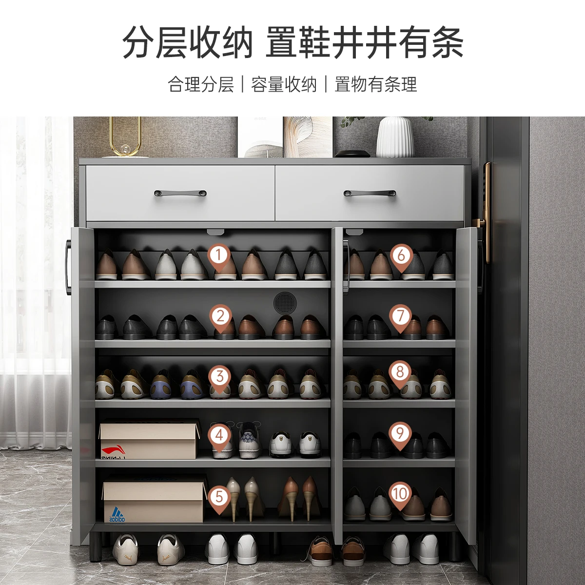 Modern Nordic Wooden Gray Furniture Shoe Storage Cabinet for Entrance with 3 Doors and 2 Drawers