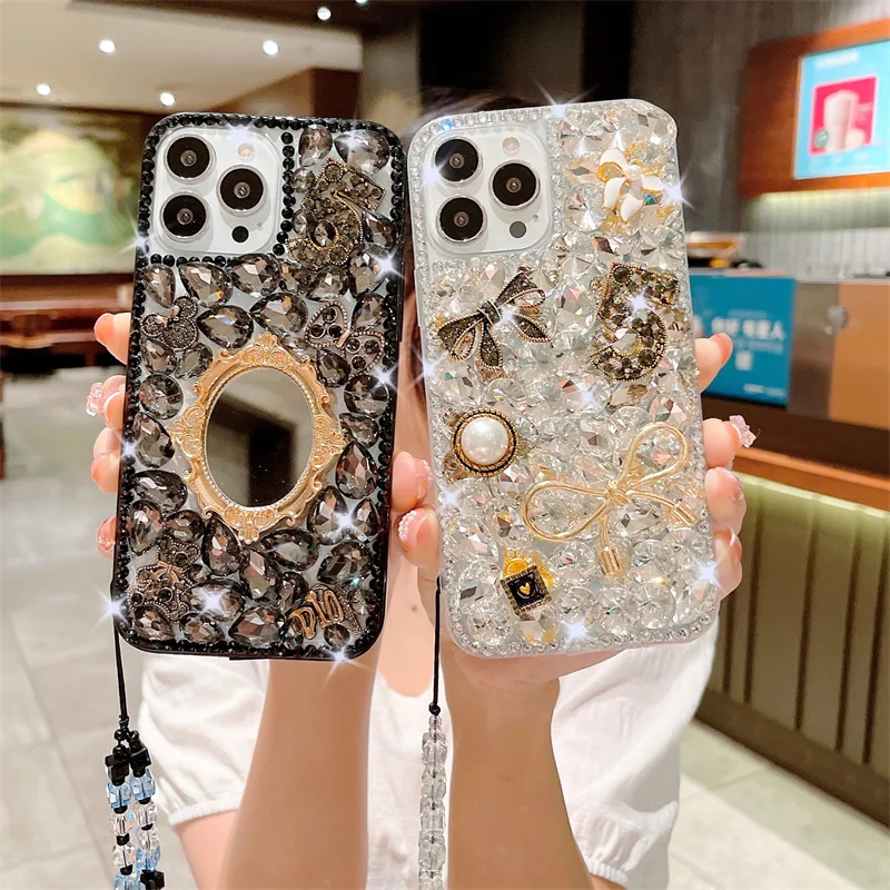 Luxury Bling Diamond Glitter Makeup Mirror Mobile Cover For iPhone 15 Pro Max 14 13 With Lanyard Rhinestone Case For Samsung S23