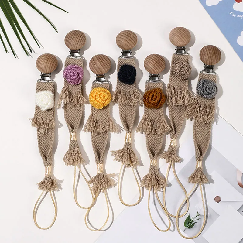 Customized Handmade Braided Pacifier Chains Baby Pacifier Clip Wooden Dummy Pacifier Anti Drop Holder For Newborn babies