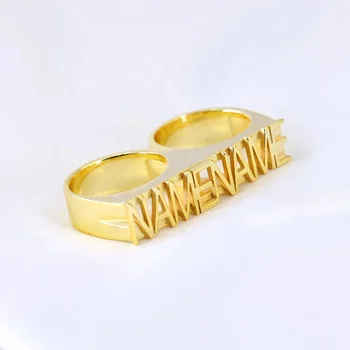 Gold Plated Two Fingers 3D Name Rings for Men Women Custom Punk Letter Stainless Steel Nameplate Double Ring for Jewelry Gift