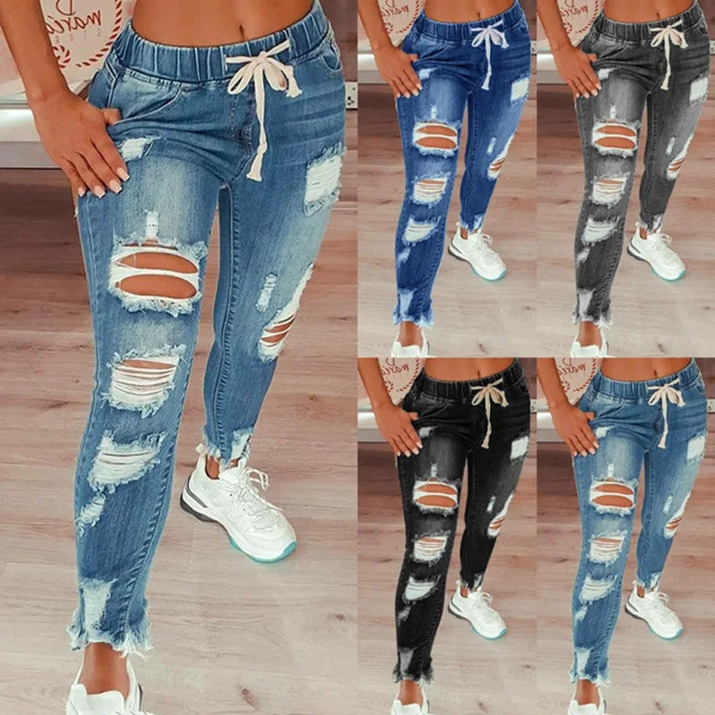 New Arrivals Plus Size Mid Waist Casual Washed Skinny Blue Denim Pencil Pants Ripped Distressed Women's Jeans manufacture