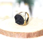 Stone Rings Tarnish Free Jewelry Gold Plated Oval Orange Black Colors Stone Druzy Rings For Women