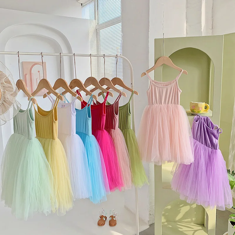 Mesh Suspender Girl Dress 2023 New Sweet Princess Skirt Children Clothes