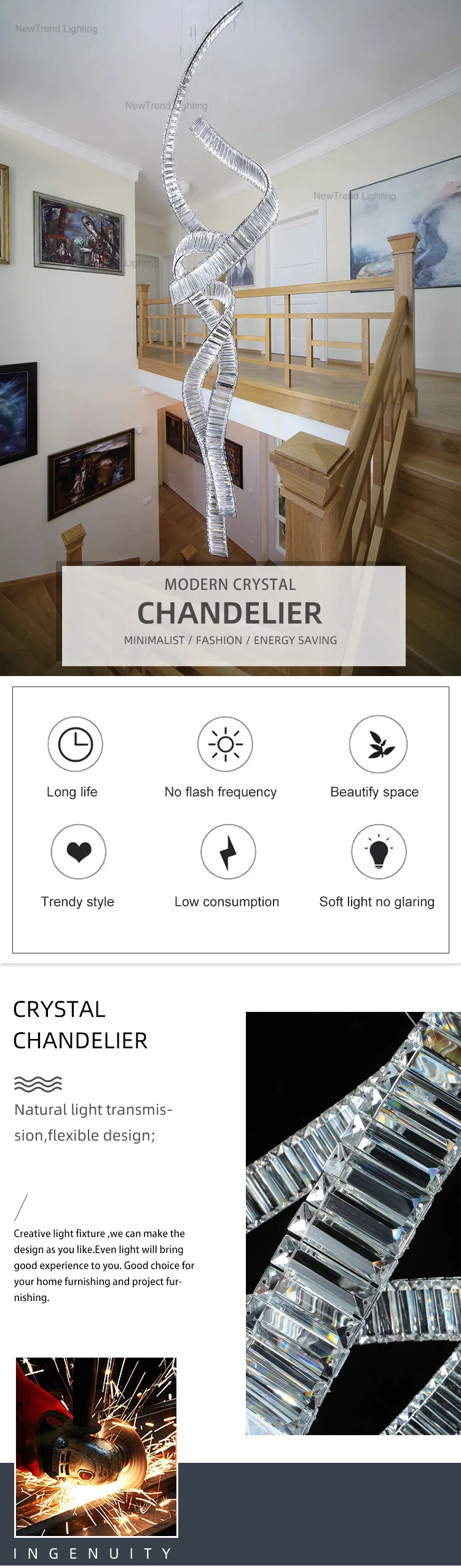 CPL-135 New Design Indoor Decoration Hotel Villa Mall Staircase Large Luxury Custom Oversized LED Crystal Chandelier factory