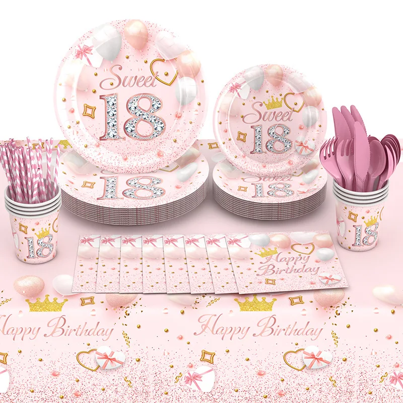 New 18th Girl's Birthday Disposable Tableware Paper Plate Table Cloth Set For Birthday Party Decoration Supplies