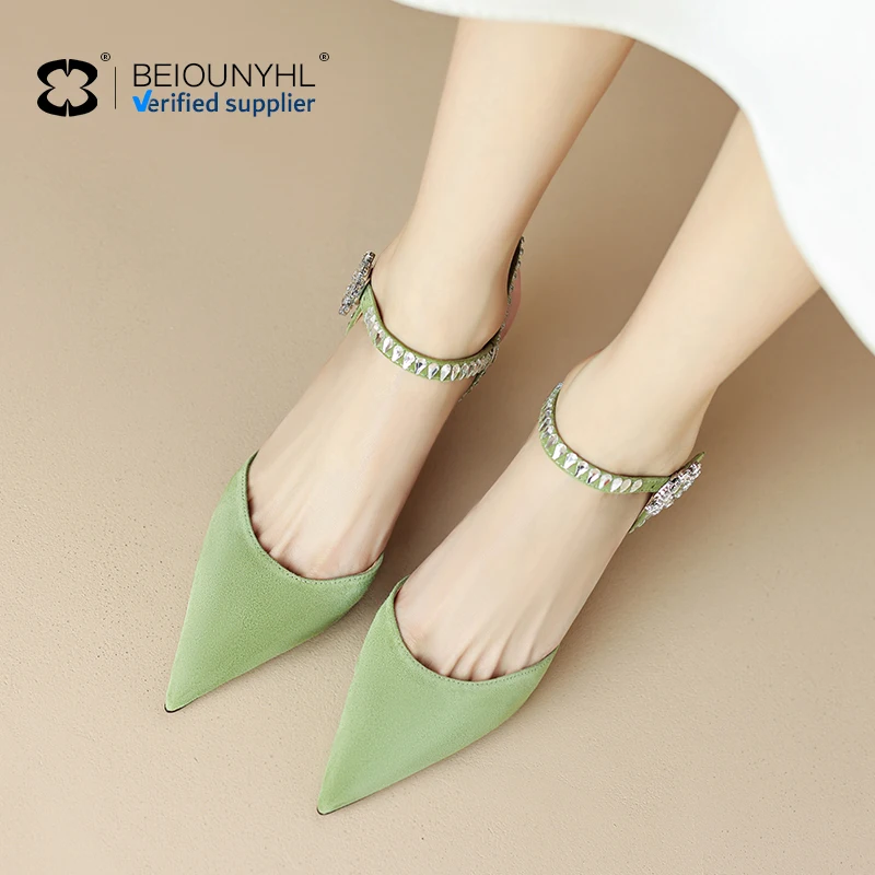 summer new trend green design ankle strap pointed toe women sandals luxury genuine leather bride high-heeled women shoes