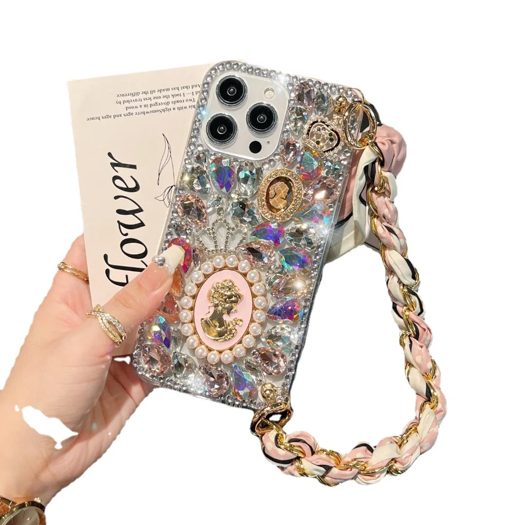 Handmade Mobile Cover Shell Luxury Queen Silk Scarf Wristband Phone Case for iPhone 15 14 13 12 11 Pro max Samsung S24 S23