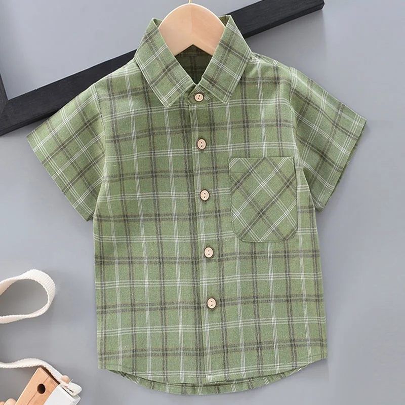 AMEBELLE Toddler Boy Girl Unisex Plaid Lapel Button Up Cotton T-Shirt Tees