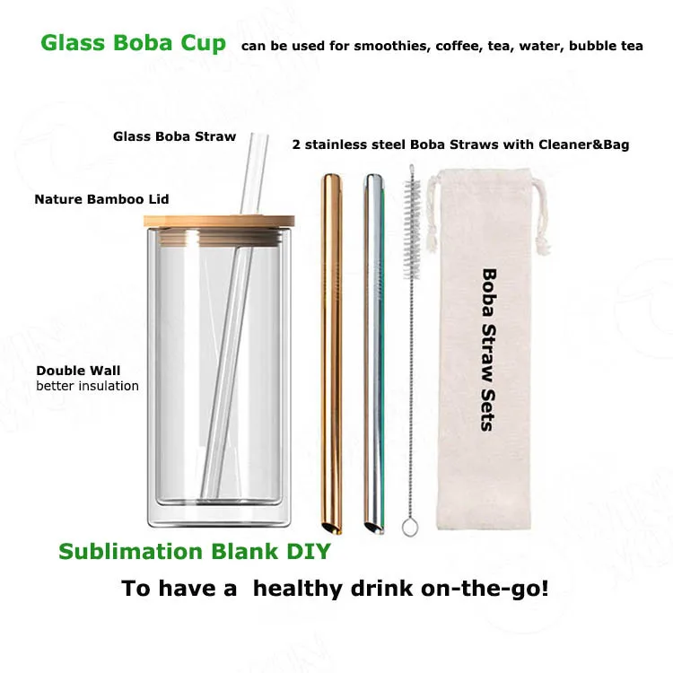 Sublimation blank glass boba tea cup,insulated travel cup smoothie glass tumbler with boba straws for smoothie,coffee,boba tea Sublimation blank glass boba tea cup,insulated travel cup smoothie glass tumbler with boba straws for smoothie,coffee,boba tea