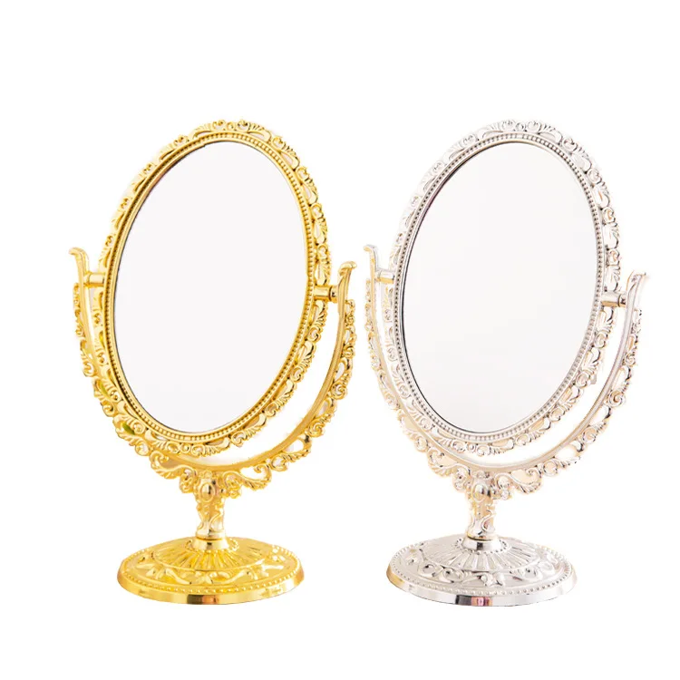 Round oval double-sided rotating table mirror Retro imitation gold imitation silver table vanity mirror lace makeup mirror