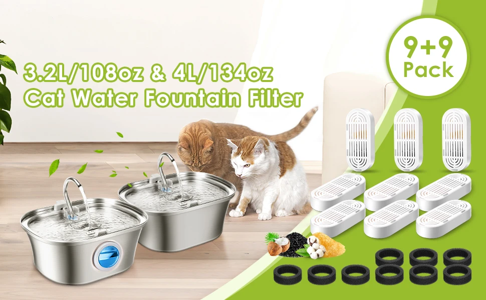 9 Pack Replacement Filters &amp; Replacement Pre-Filter Sponges for Stainless Steel Pet Fountain