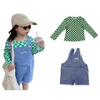 Girls Spring New Fashion Children Plaid Bottoming Shirt Denim Overalls Girls Clothing Set