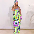 Tie Dye Summer Tie Dye Flower Printed Long T Shirt Dress With Headscarf Elegant Dresses