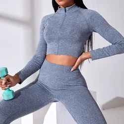 Women Yoga Clothing Suit Seamless Exercise Fitness Clothing Suit Zipper Tight Long Sleeve High Waisted