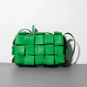 2022 Ladies Unique Green Genuine Leather Bag Braided Tassel Bag Cowhide Checked Square Bag