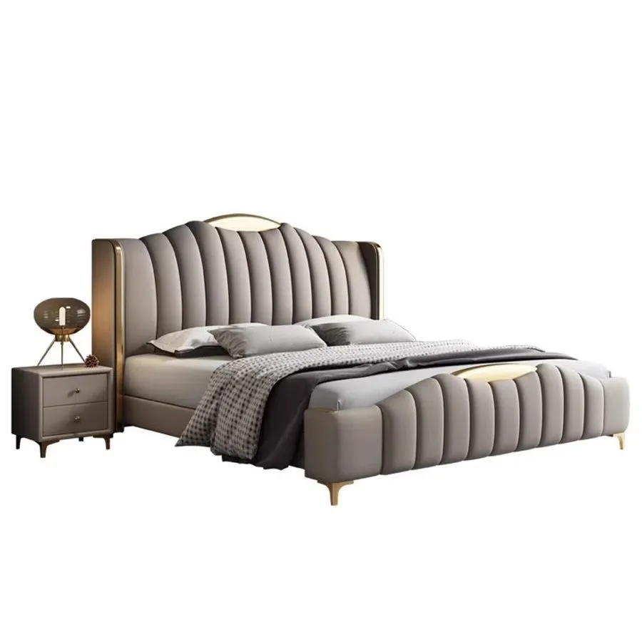 Wholesale Luxury King Size Modern Leather Bed with Gold Stainless Steel Frame High Double Bed Upholstered Leather Headboard