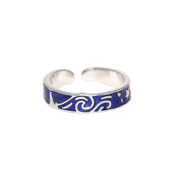 New fashion 925 Sterling Silver blue enamel vincent an gogh sky adjustable rings