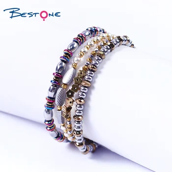 Bestone Handmade 2022 Natural Stone 6mm and 8mm Gold Silver Mixed Color Hematite Bead Bracelets for Women Man